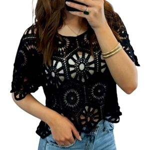 Ultra Pink Black Crochet Lace Button-Up Top Hippie Sweater Cardigan Size XL‎ NEW